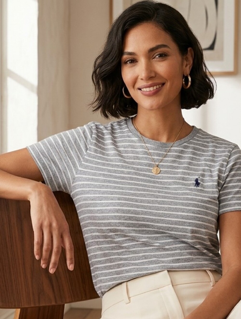 Polo Ralph Lauren Gray White Striped T-Shirt Women’s Large